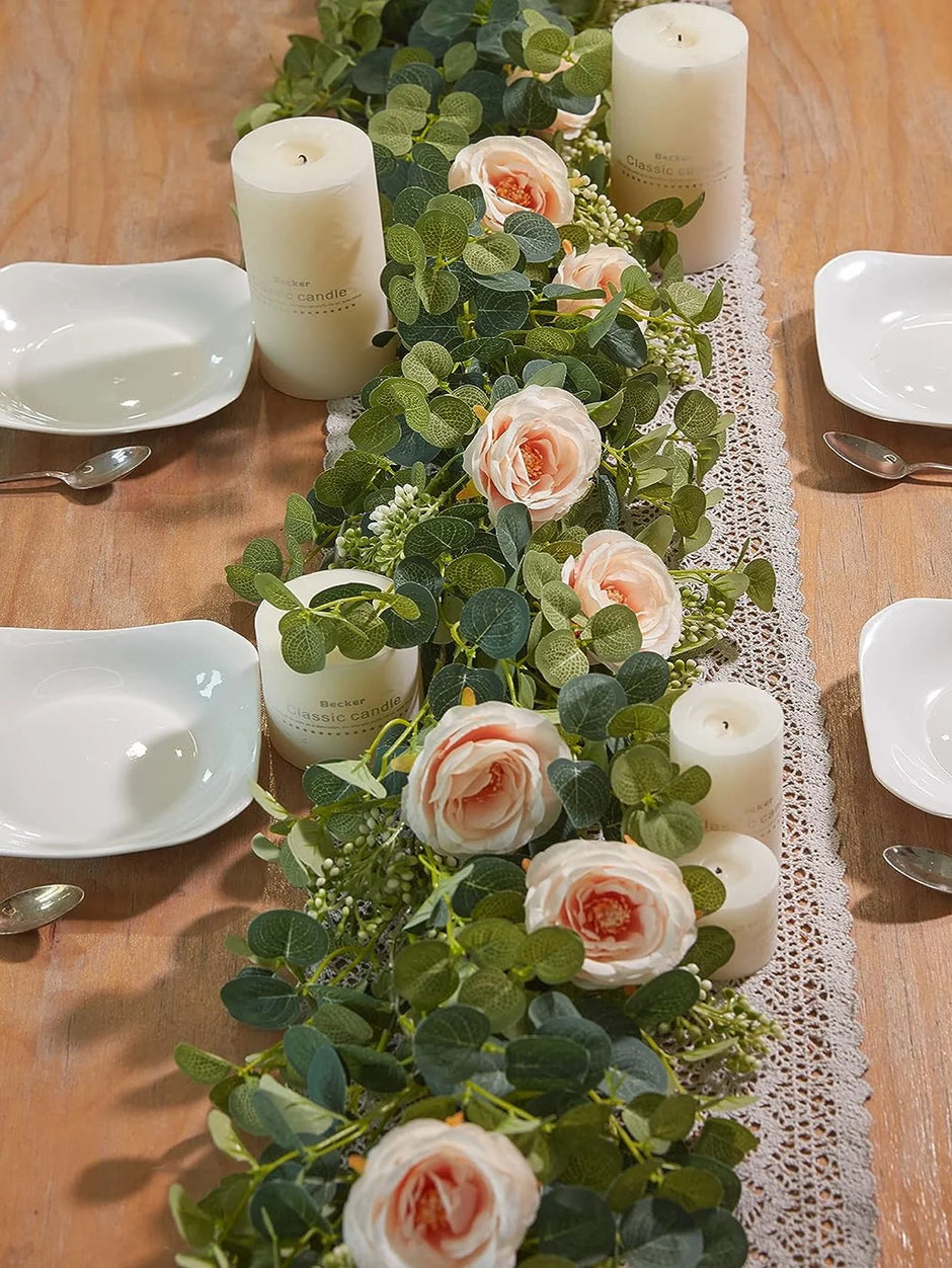1pc 5.9FT Artificial Eucalyptus Vine Fake Rose Flowers Gypsophila Garland For Wedding Home Party Craft Art Table Runner Decor