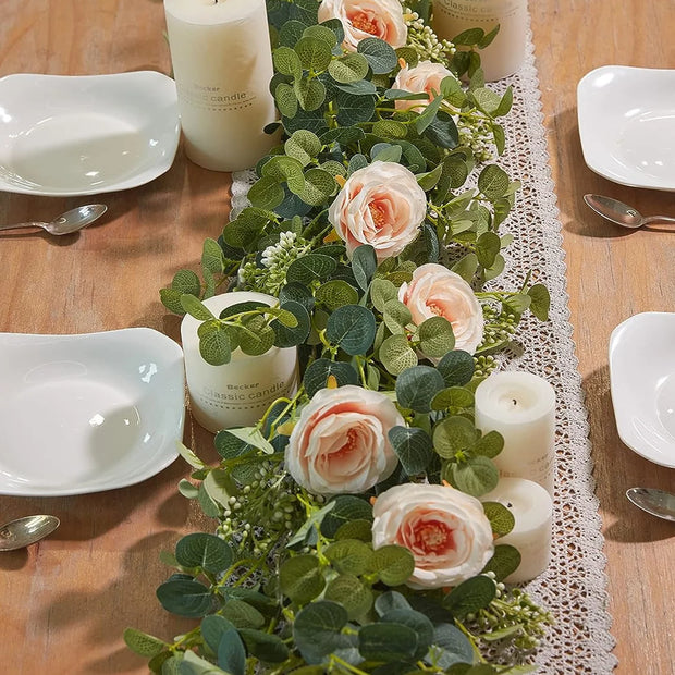 1pc 5.9FT Artificial Eucalyptus Vine Fake Rose Flowers Gypsophila Garland For Wedding Home Party Craft Art Table Runner Decor