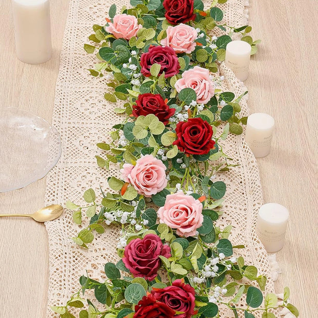 1pc 5.9FT Artificial Eucalyptus Vine Fake Rose Flowers Gypsophila Garland For Wedding Home Party Craft Art Table Runner Decor