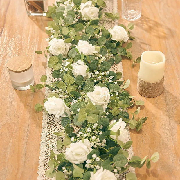 1pc 5.9FT Artificial Eucalyptus Vine Fake Rose Flowers Gypsophila Garland For Wedding Home Party Craft Art Table Runner Decor