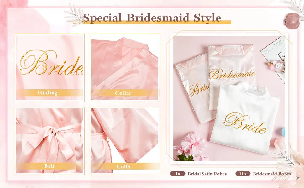 12 Pcs Bridesmaid Robes Bride Kimono for Wedding Day Satin Embroidered Bridal Party Robes