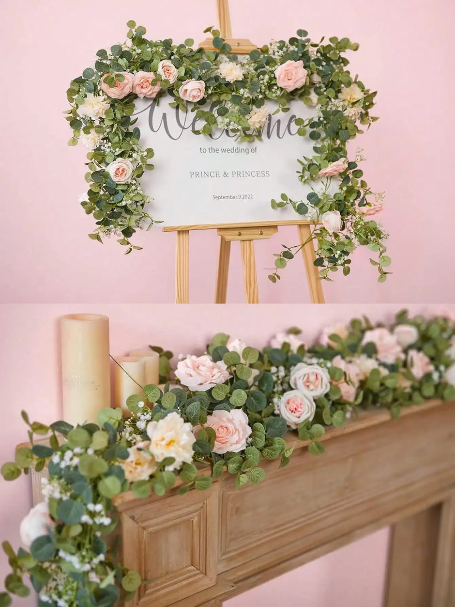 1pc 5.9FT Artificial Eucalyptus Vine Fake Rose Flowers Gypsophila Garland For Wedding Home Party Craft Art Table Runner Decor