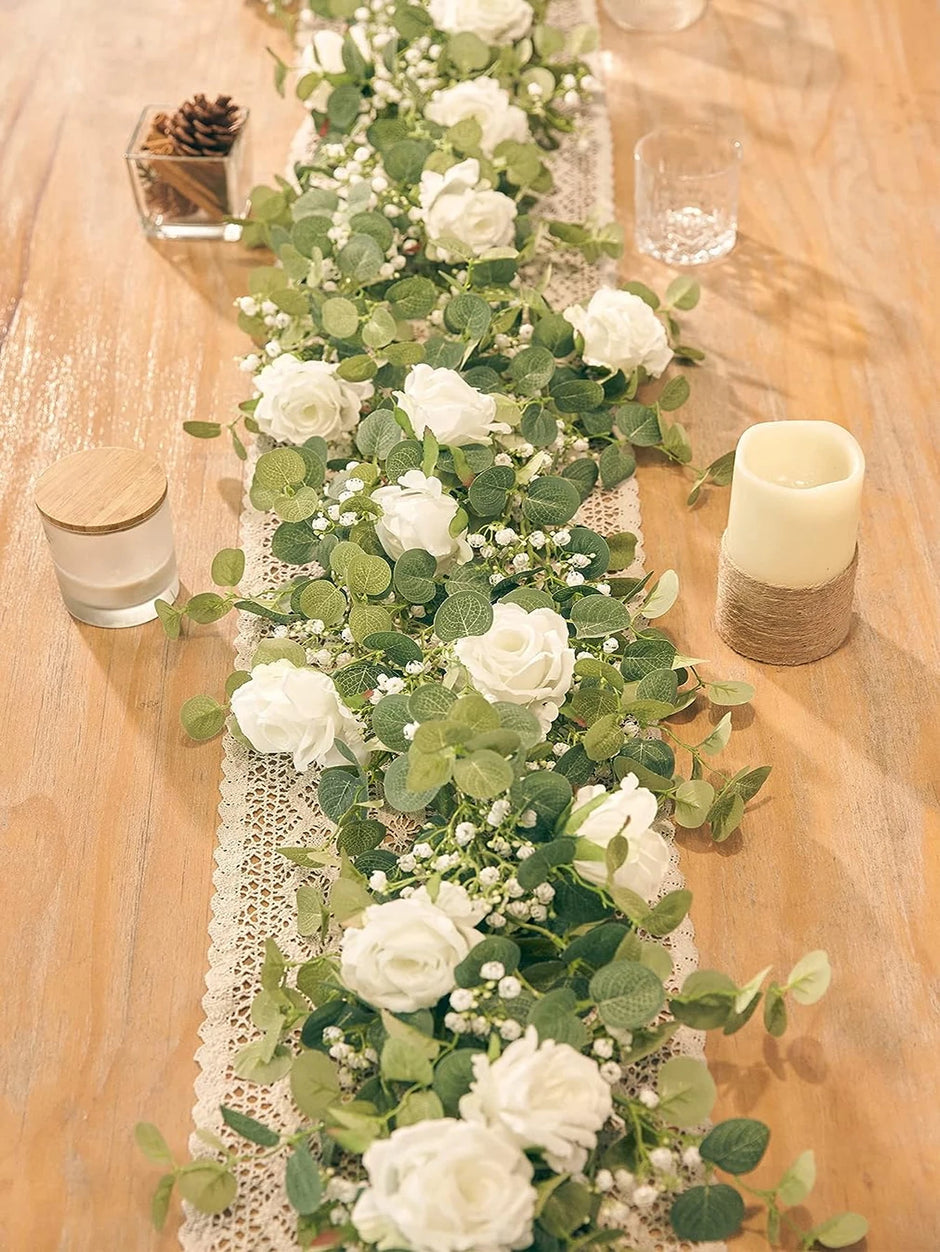 1pc 5.9FT Artificial Eucalyptus Vine Fake Rose Flowers Gypsophila Garland For Wedding Home Party Craft Art Table Runner Decor