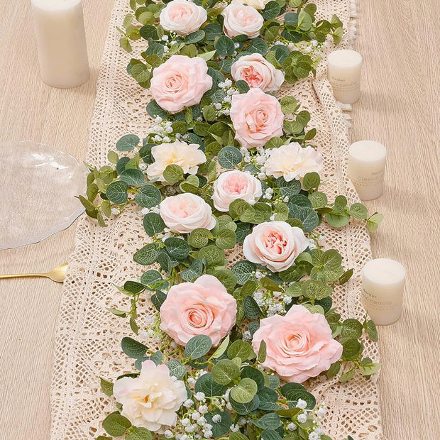 1pc 5.9FT Artificial Eucalyptus Vine Fake Rose Flowers Gypsophila Garland For Wedding Home Party Craft Art Table Runner Decor