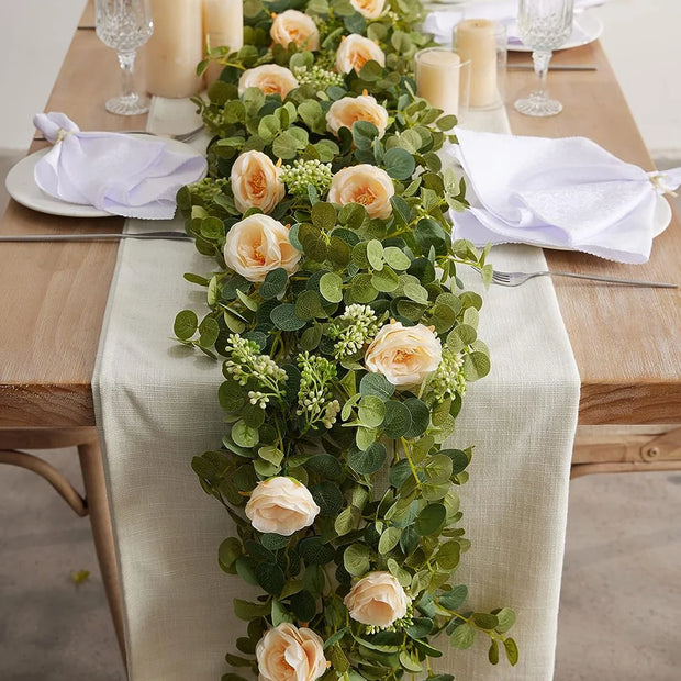 1pc 5.9FT Artificial Eucalyptus Vine Fake Rose Flowers Gypsophila Garland For Wedding Home Party Craft Art Table Runner Decor