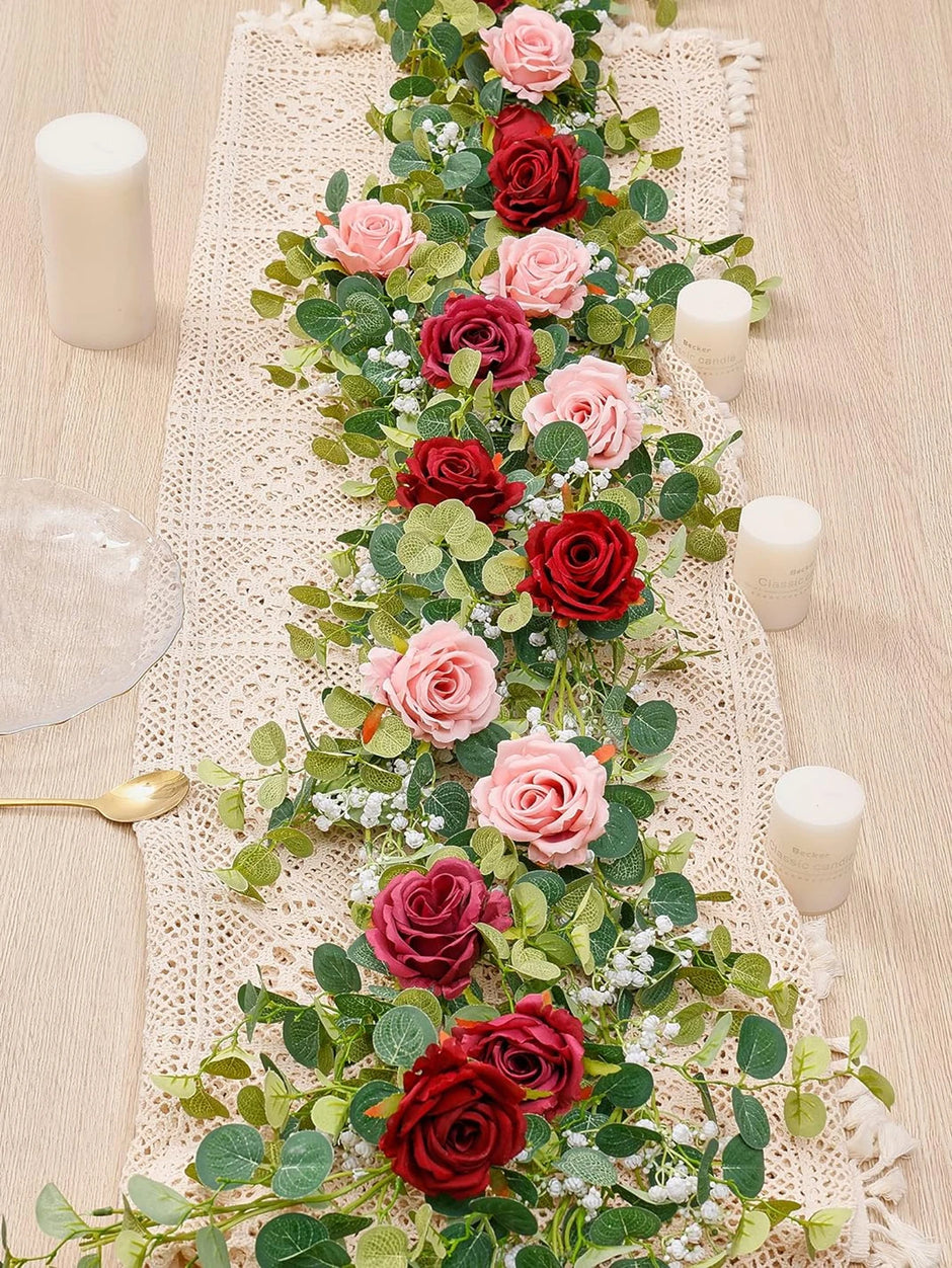 1pc 5.9FT Artificial Eucalyptus Vine Fake Rose Flowers Gypsophila Garland For Wedding Home Party Craft Art Table Runner Decor