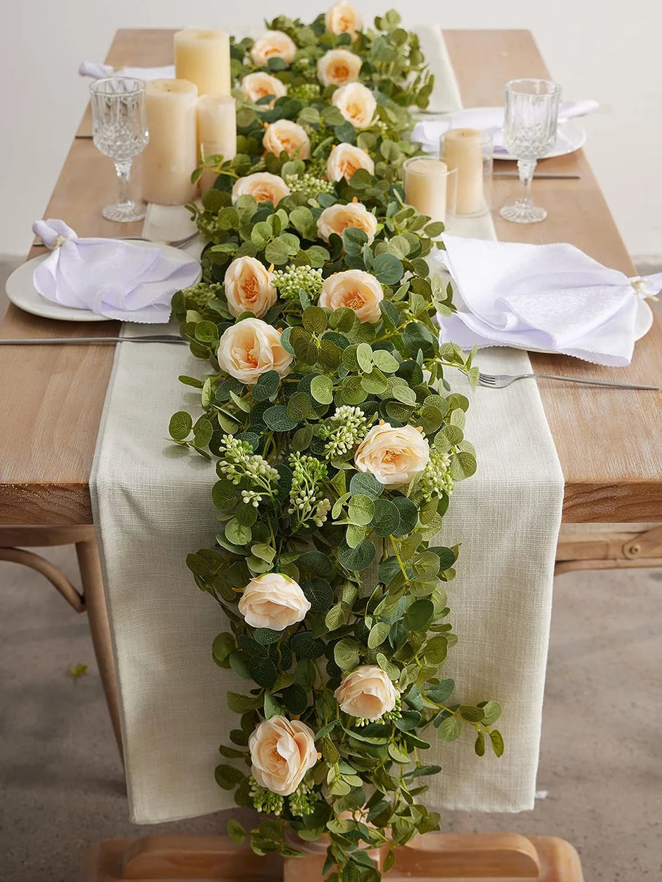 1pc 5.9FT Artificial Eucalyptus Vine Fake Rose Flowers Gypsophila Garland For Wedding Home Party Craft Art Table Runner Decor