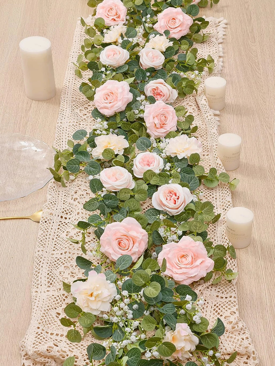 1pc 5.9FT Artificial Eucalyptus Vine Fake Rose Flowers Gypsophila Garland For Wedding Home Party Craft Art Table Runner Decor