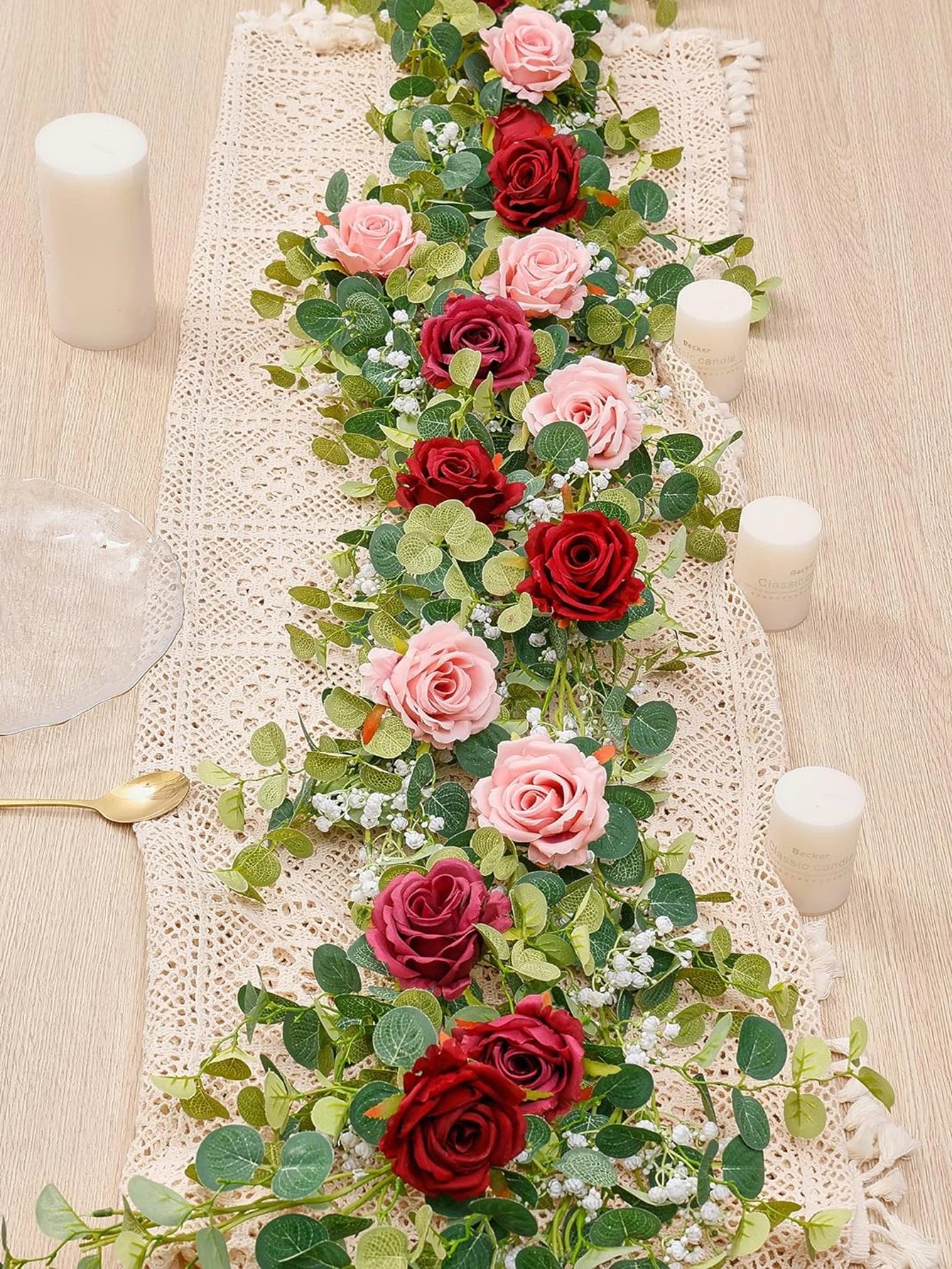1pc 5.9FT Artificial Eucalyptus Vine Fake Rose Flowers Gypsophila Garland For Wedding Home Party Craft Art Table Runner Decor