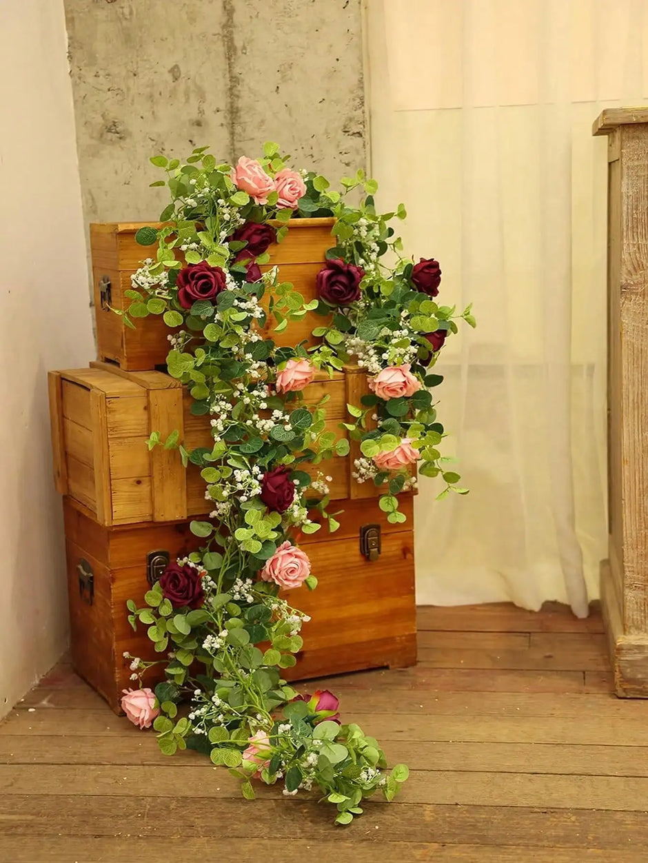 1pc 5.9FT Artificial Eucalyptus Vine Fake Rose Flowers Gypsophila Garland For Wedding Home Party Craft Art Table Runner Decor
